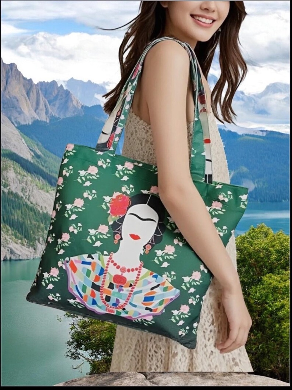 Floral Frida Kahlo Portrait Tote Bag in Green
